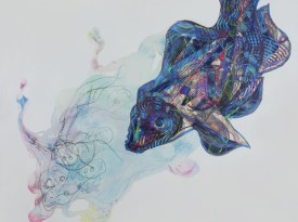 Sotto l'acqua sono un pesce. 192x192cm acquerello e pastelli a cera su tela (2015)